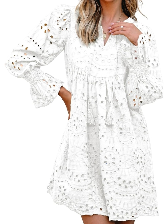 Dokotoo Dresses & Skirts - White Eyelet Smocked Mini Dress with Tassel Tie